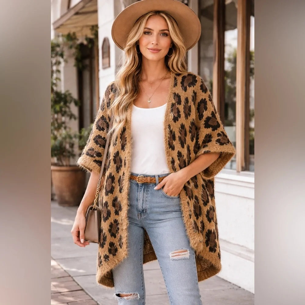 Leopard Animal Print‎ Fuzzy Kimono Cardigan Mob Wife Boho Oversized